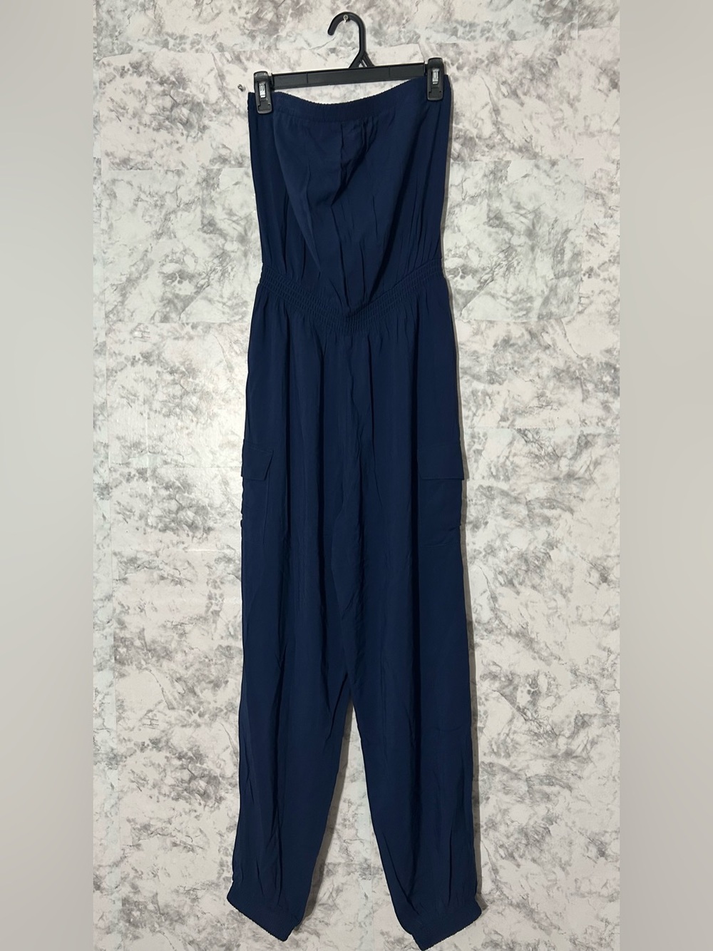 VENUS Navy Strapless Jumpsuit with Smocked Waist